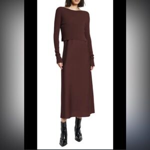 Reitmans brown Long Sleeve Sweater Dress with Satin Skirt maxi one piece XXS